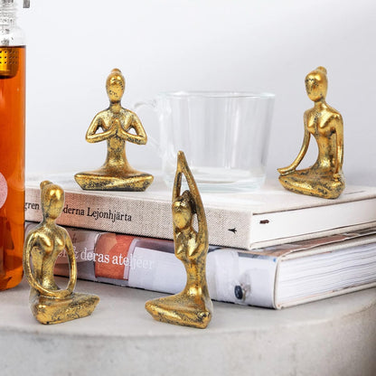 4Pcs Yoga Meditation Home Decor, Resin Yoga Figurines Modern Decorations for Shelf Bedroom Living Room Yoga Room Zen Decor (3.3"-Gold)
