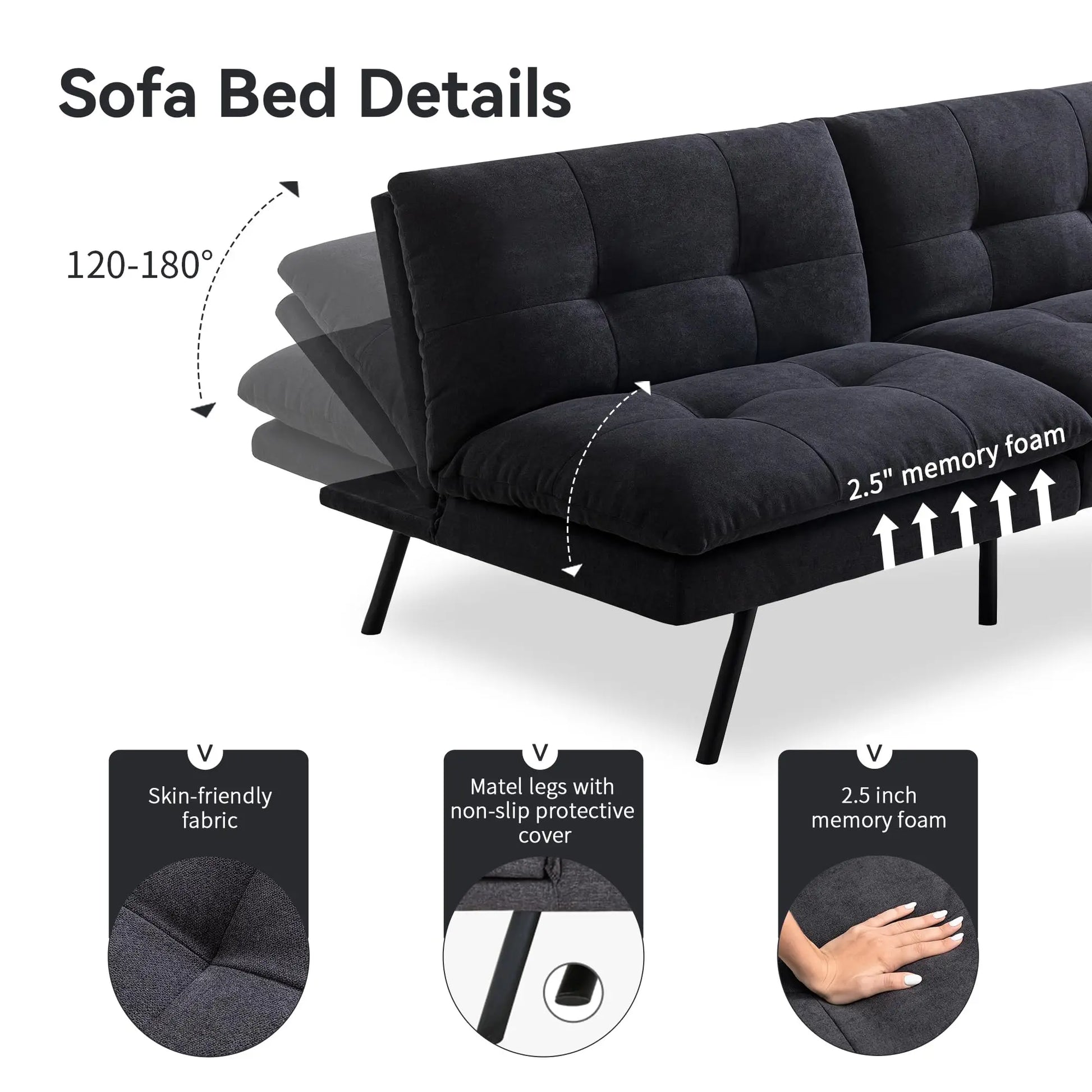 Hcore 1 PC Futon Sofa Bed, Futon Couch Memory Foam Futon Bed,Black Sleeper Sofa Loveseat Convertible Couch for Small Spaces