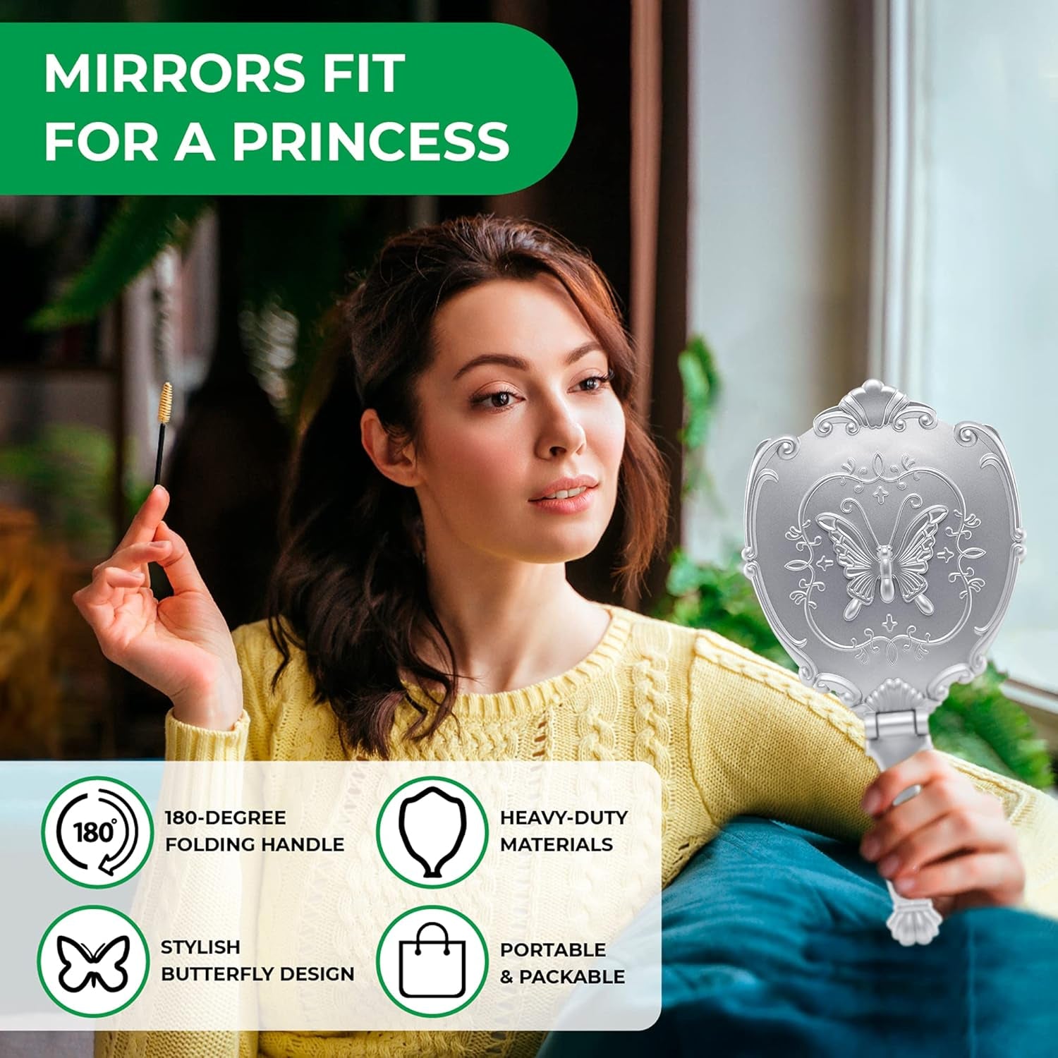 Decorative Hand Held Butterfly Design Mirror | 180 Degrees Full Folding Portable Travel Makeup Mirror (Silver)