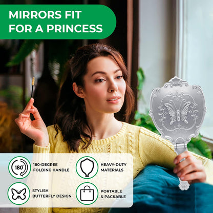 Decorative Hand Held Butterfly Design Mirror | 180 Degrees Full Folding Portable Travel Makeup Mirror (Silver)