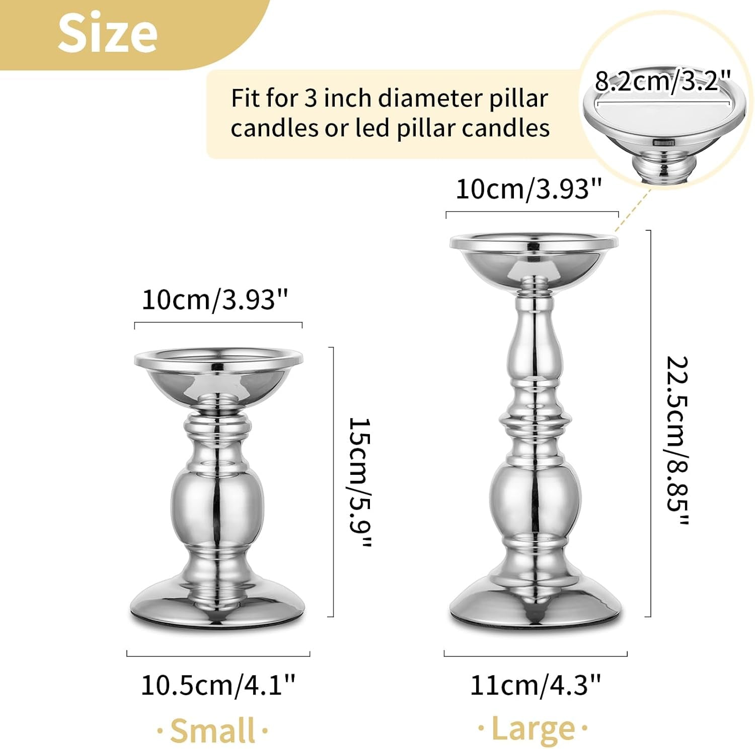 Silver Pillar Candle Holders, Wedding Centerpieces Metal Candle Holder for 3 Inches Candles Stand Decoration Ideal for Weddings Special Events Parties Living Room, 2 Pcs