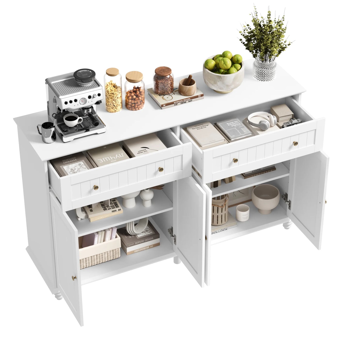 55.1"W Kitchen White Buffet Cabinet with Storage Drawer & Adjustable Shelf, Wood Coffee Bar Cabinet Sideboard for Dining Room