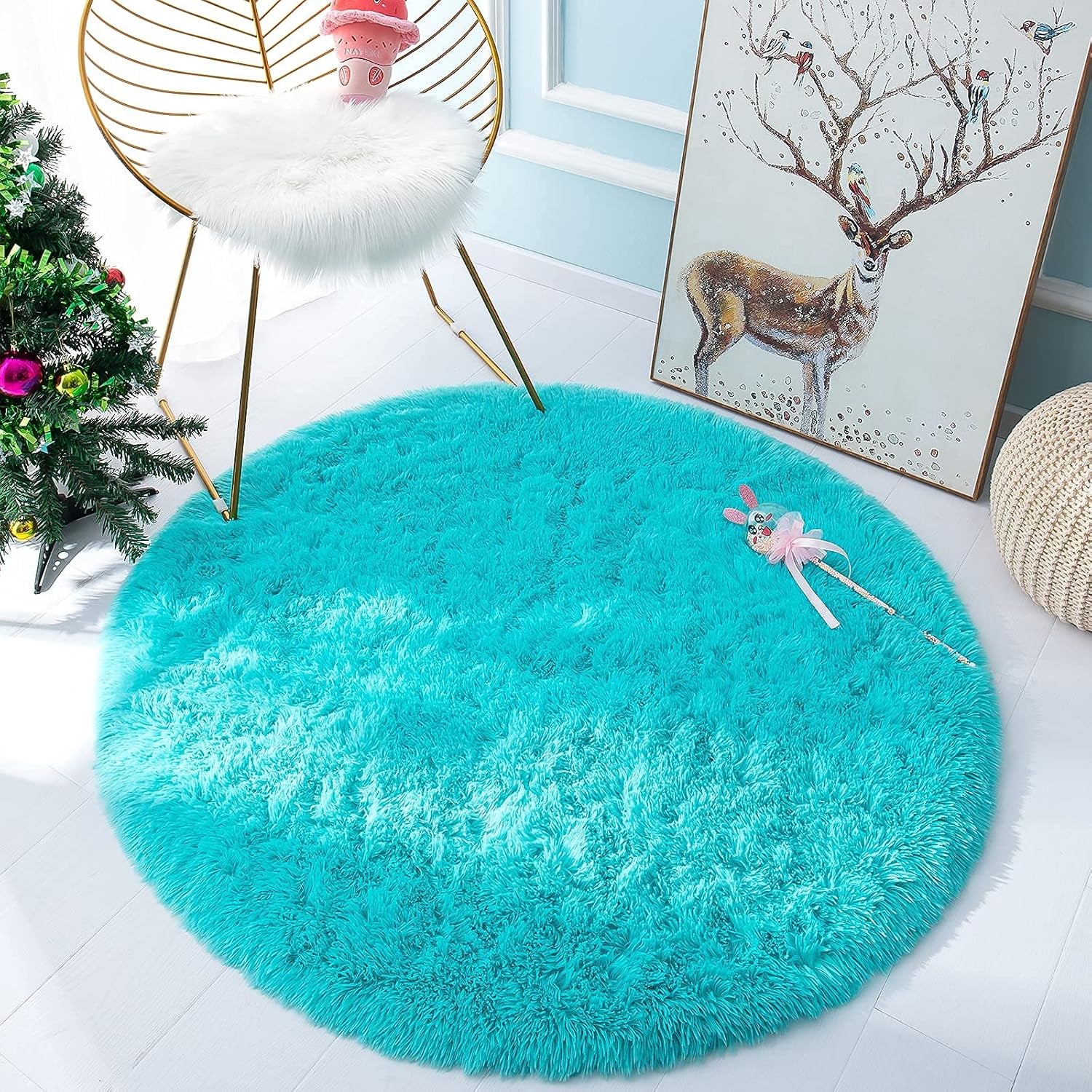 Fluffy round Rug Nursery Rug, Turquoise Blue Circle Rug Kids Rug, 4 X 4 Feet