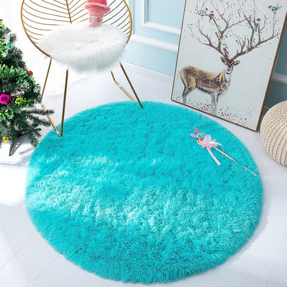 Fluffy round Rug Nursery Rug, Turquoise Blue Circle Rug Kids Rug, 4 X 4 Feet
