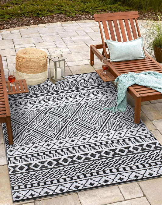 Relic Premium Stain Proof Rain Proof Lightweight Reversible Plastic Crease Free Outdoor Rug (8X10, Black/White)