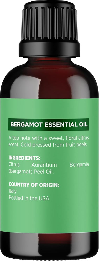 Bergamot Essential Oil for Diffuser Aromatherapy - 100% Pure Citrus Bergamot Oil for Hair Skin and Nails plus Undiluted Relaxing Aromatherapy Essential Oil for Diffusers Baths and Topical Uses 1Oz