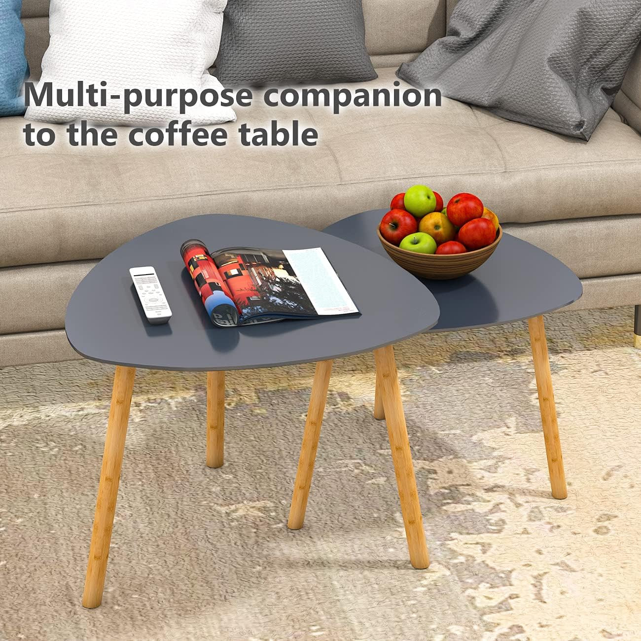 Nesting Table Set of 2 Bamboo End Table for Living Room Side Table for Bedroom Triangle Modern Coffee Table (Gray)