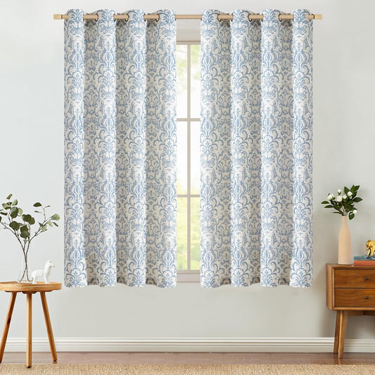 Curtains for Bedroom, Light Filtering 63 Inch Length 2 Panels Set, Baroque Style Linen Blend Drapes Living Room, Vintage Damask Window Treatments, Grommet Top Blue on Flax, W52 X L63