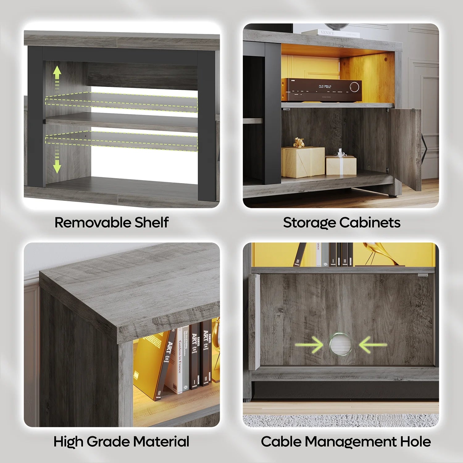 70" Farmhouse TV Stand for Tvs up to 80" with LED Lights, Entertainment Center with Cabinet & Open Shelves in Wash Grey