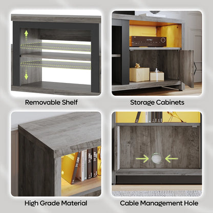 70" Farmhouse TV Stand for Tvs up to 80" with LED Lights, Entertainment Center with Cabinet & Open Shelves in Wash Grey