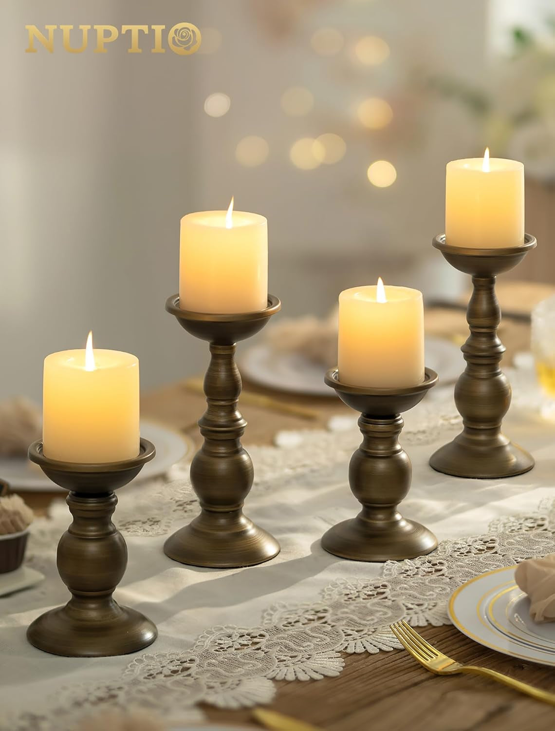 2 Pcs Bronze Iron Pillar Candle Holders, Most Ideal for 3" Pillar Candle, Gifts for Wedding, Party, Home, Spa, Reiki, Votive Candle (2 X S)