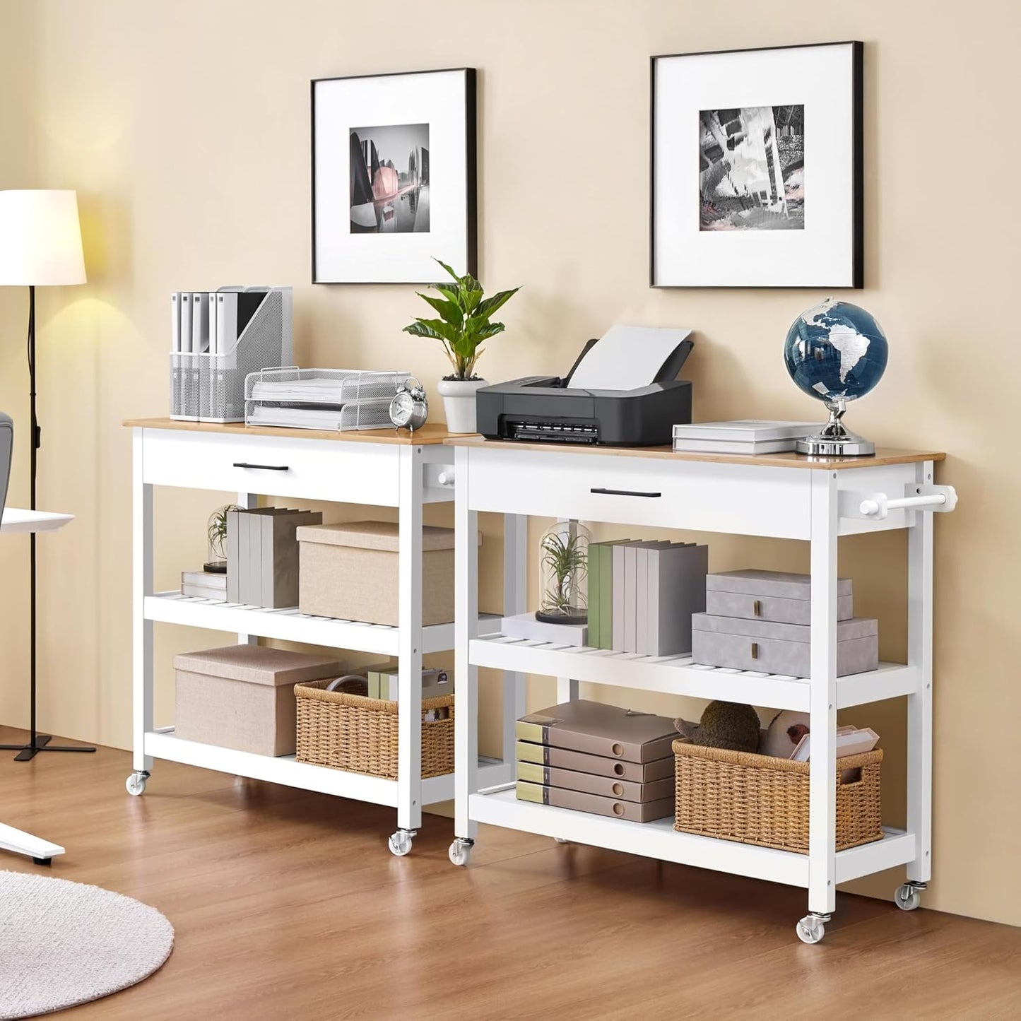 Kitchen Island Cart on Wheels with Bamboo Tabletop, 3-Tier Rolling Kitchen Island Microwave Cart with Drawer, Detachable Towel, 3 Hooks, 17" D X 37.5" W, White