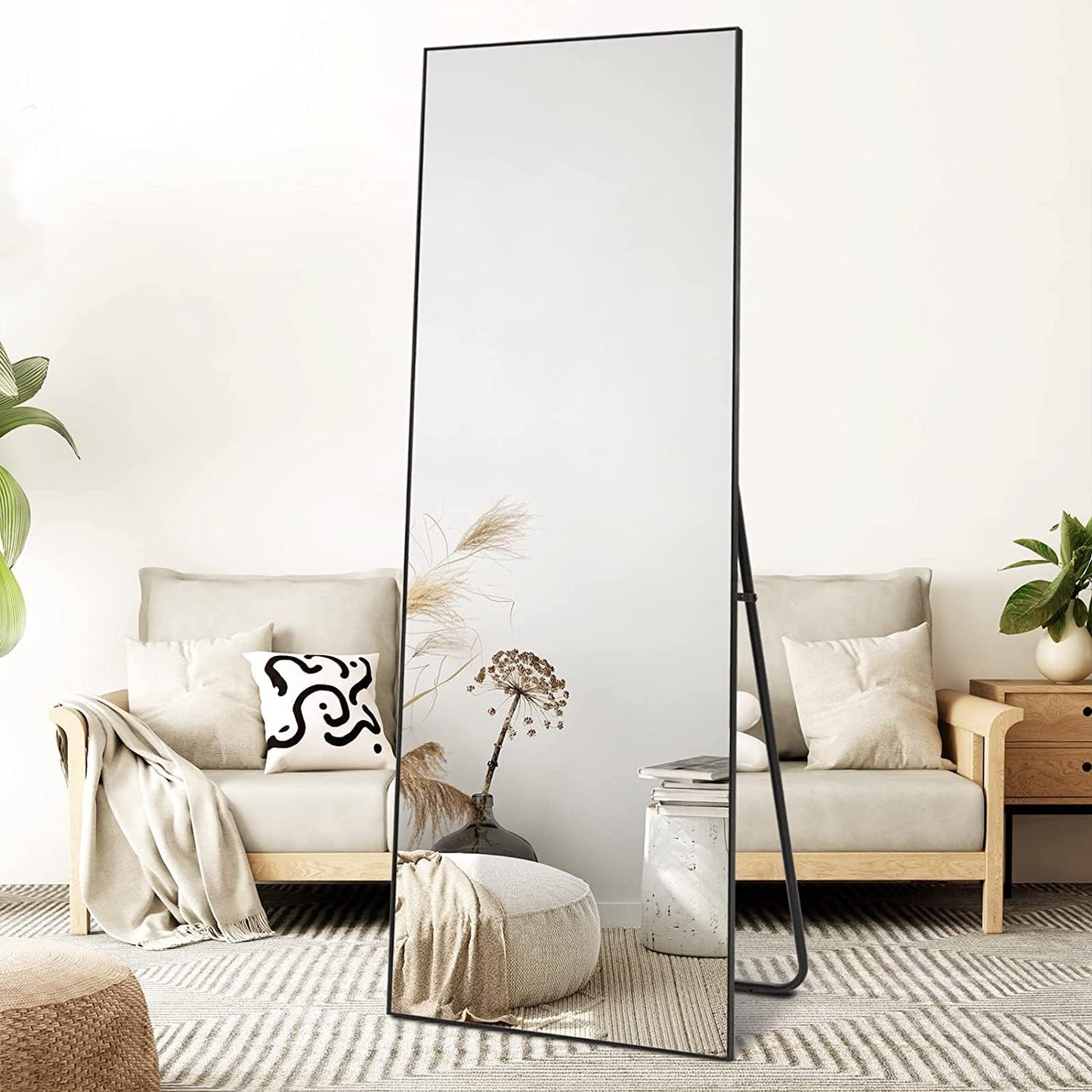 Full Length Mirror Dressing Mirror Standing or Wall Mounted Mirror Aluminum Alloy Frame Mirror for Living Room 65”X 22”(Black)