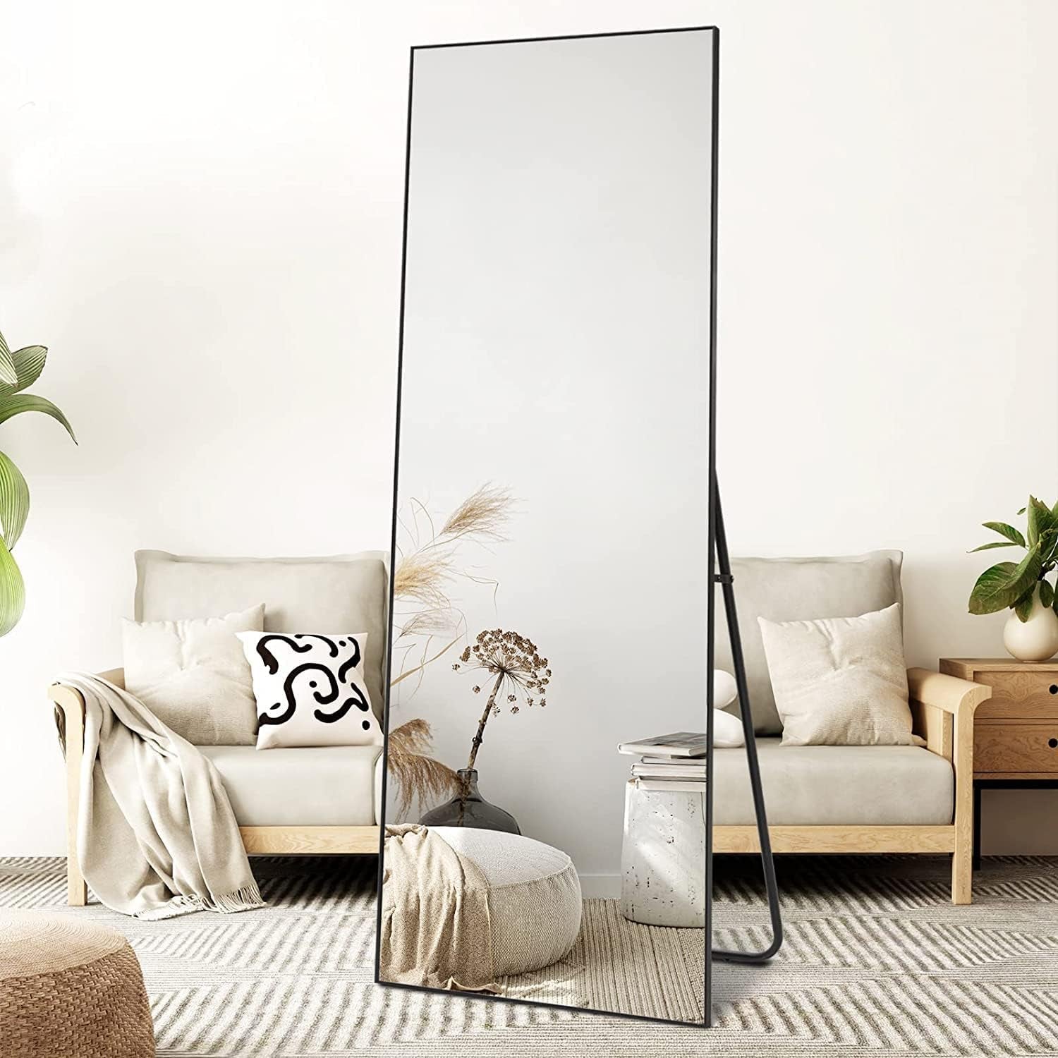 Full Length Mirror Dressing Mirror Standing or Wall Mounted Mirror Aluminum Alloy Frame Mirror for Living Room 65”X 22”(Black)