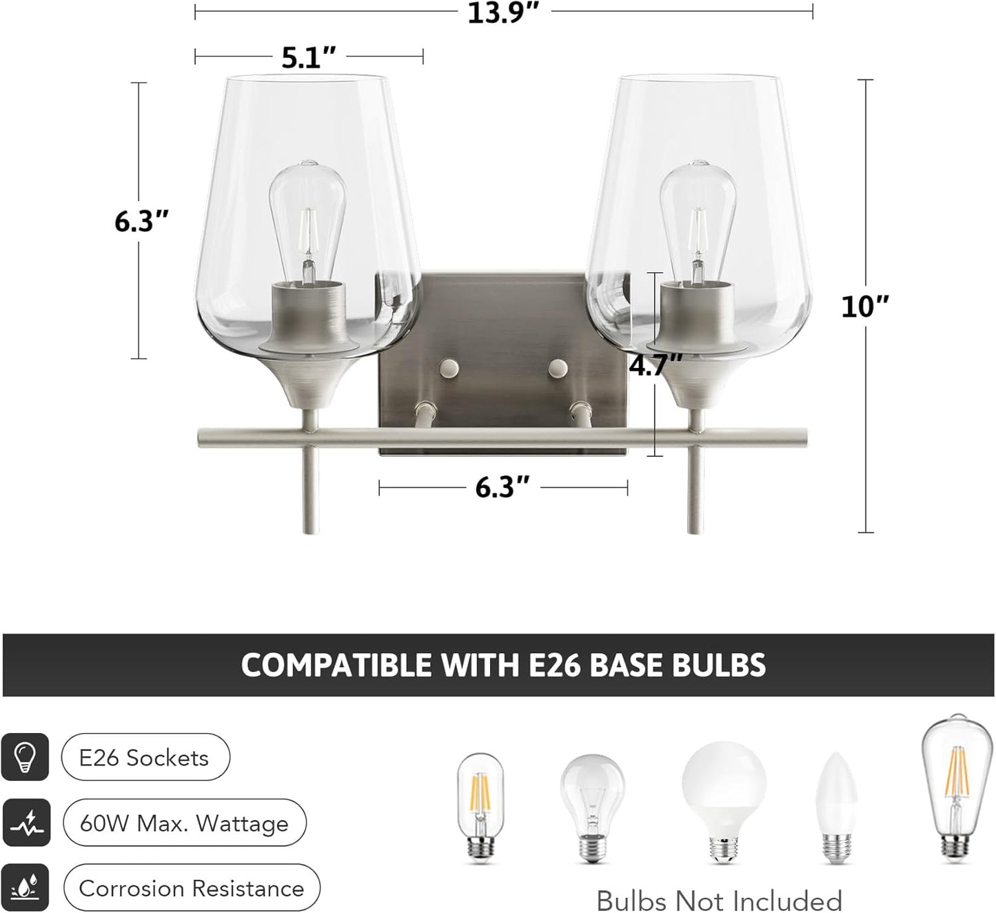 Bathroom Vanity Light, 2 Light Bathroom Light Fixture over Mirror, Bathroom Wall Lamp with Clear Glass, Modern Brushed Nickel Vanity Lighting Fixtures for Bathroom, Bedroom, Hallway