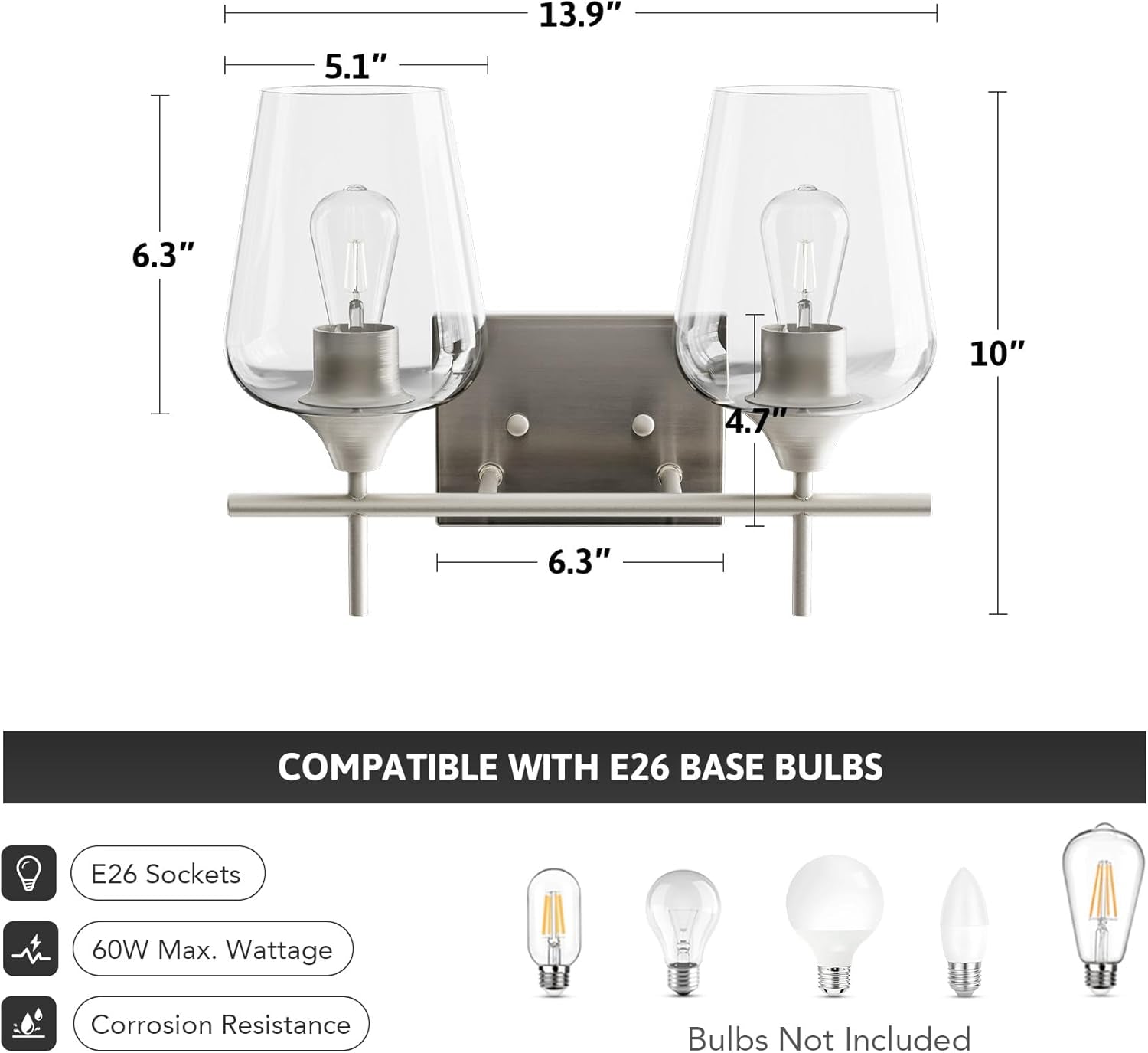 Bathroom Vanity Light, 2 Light Bathroom Light Fixture over Mirror, Bathroom Wall Lamp with Clear Glass, Modern Brushed Nickel Vanity Lighting Fixtures for Bathroom, Bedroom, Hallway