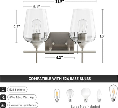 Bathroom Vanity Light, 2 Light Bathroom Light Fixture over Mirror, Bathroom Wall Lamp with Clear Glass, Modern Brushed Nickel Vanity Lighting Fixtures for Bathroom, Bedroom, Hallway