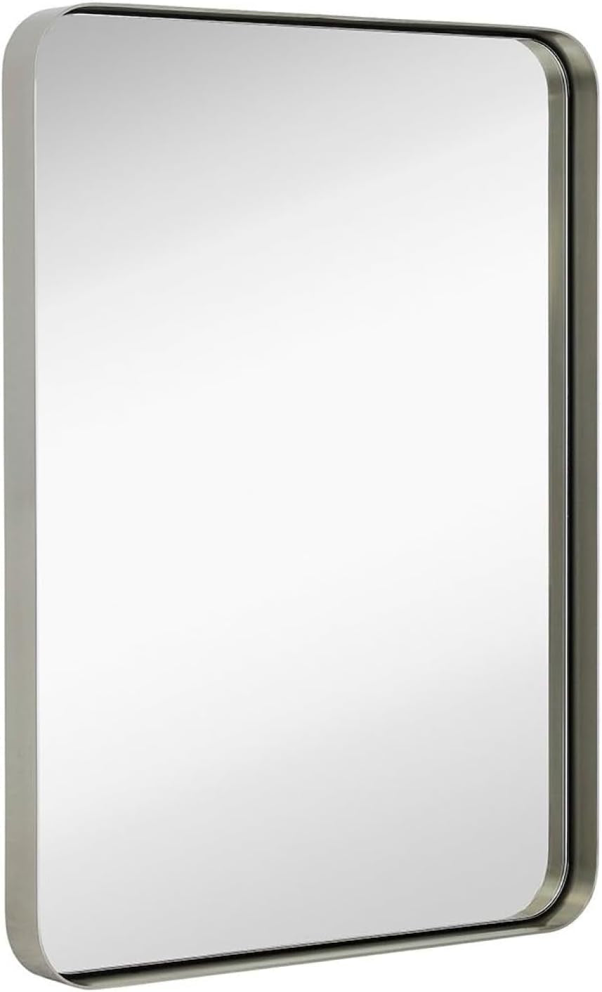 22X30 Inch Metal Silver Frame Bathroom Mirror - Brushed Steel Rectangular Rounded Corner Vanity - 2 Inch Deep Set Design - Large Wall Mirror, Hangs Horizontal and Vertical