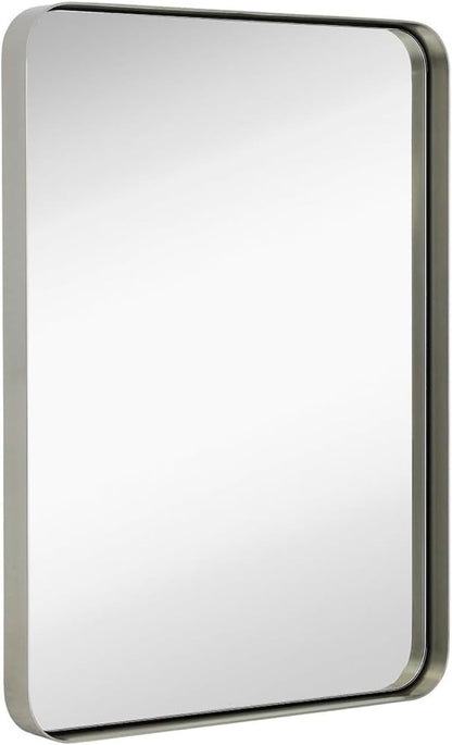 22X30 Inch Metal Silver Frame Bathroom Mirror - Brushed Steel Rectangular Rounded Corner Vanity - 2 Inch Deep Set Design - Large Wall Mirror, Hangs Horizontal and Vertical