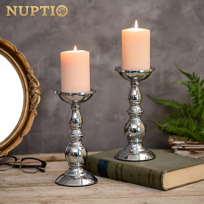 Silver Pillar Candle Holders, Wedding Centerpieces Metal Candle Holder for 3 Inches Candles Stand Decoration Ideal for Weddings Special Events Parties Living Room, 2 Pcs