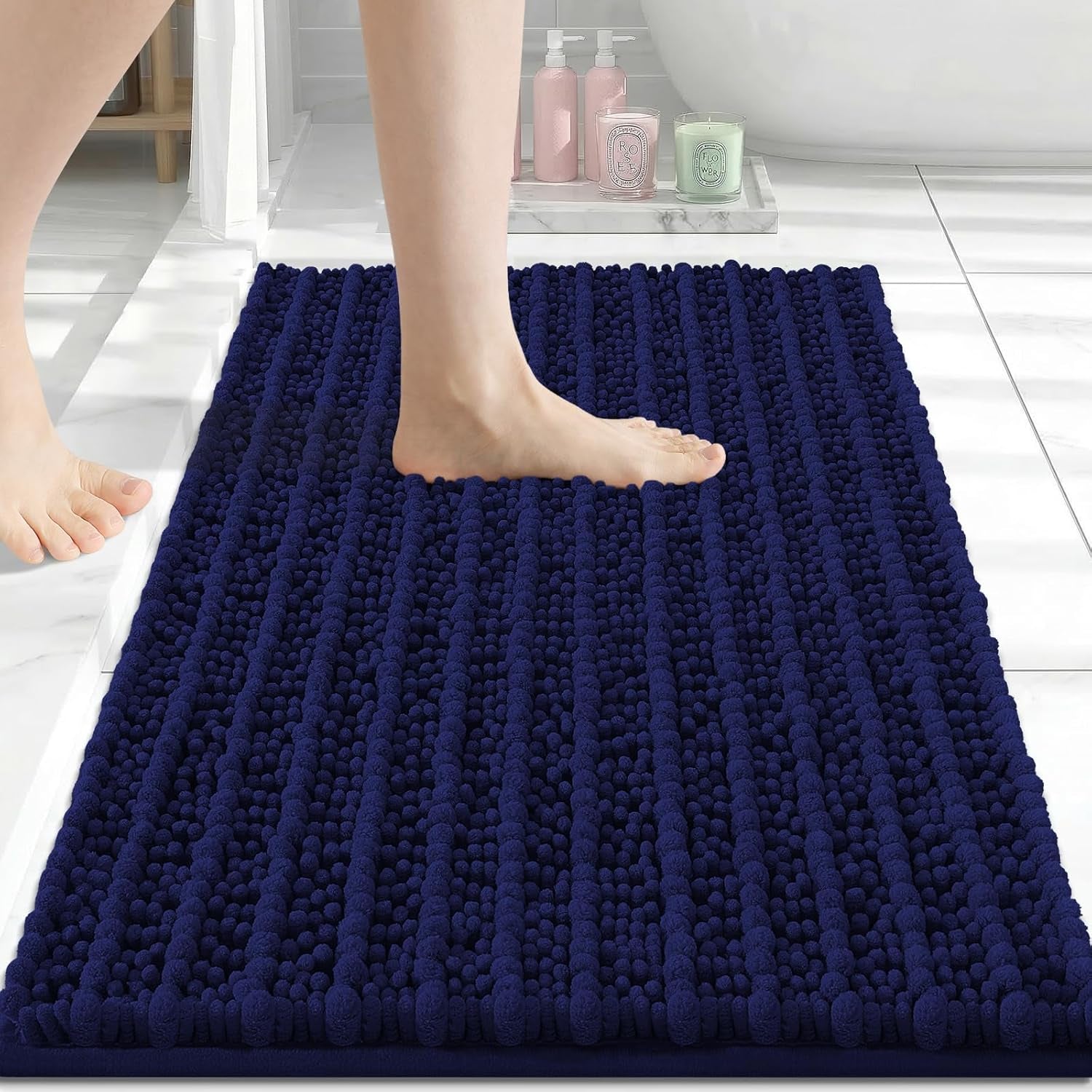 Luxury Bathroom Rugs 24X16, Extra Soft Thick Absorbent Shaggy Chenille Bath Rugs, Non-Slip Machine Wash Dry, Bath Mats for Bathroom Floor, Tub and Shower, Home Decor Accessories, Navy