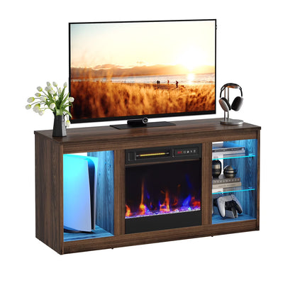 Modern Electric Fireplace TV Stand for Tvs up to 55", with LED and Glass Shelves, Walnut