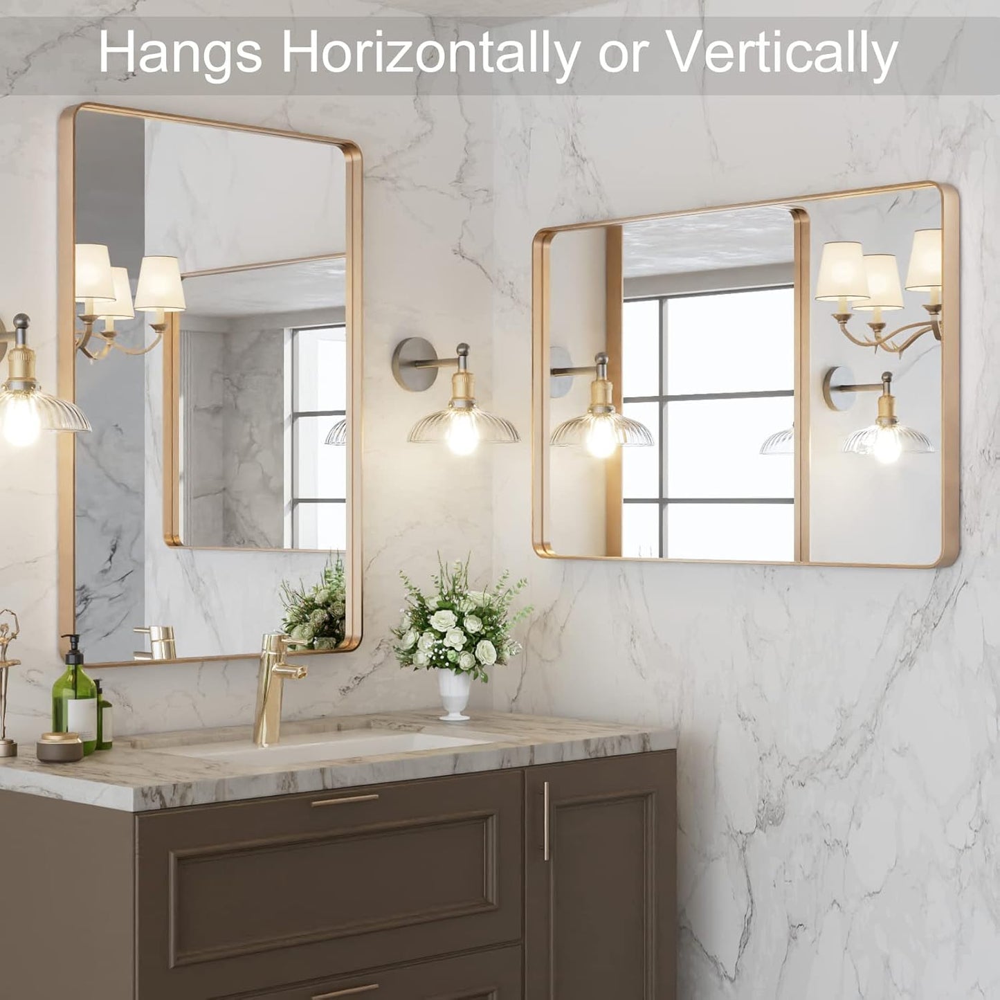 20”X30” Gold Bathroom Mirror, Rounded Rectangle Gold Frame Mirror, Brushed Gold Bathroom Vanity Mirror Wall-Mounted, Anti-Rust, Hangs Horizontally or Vertically