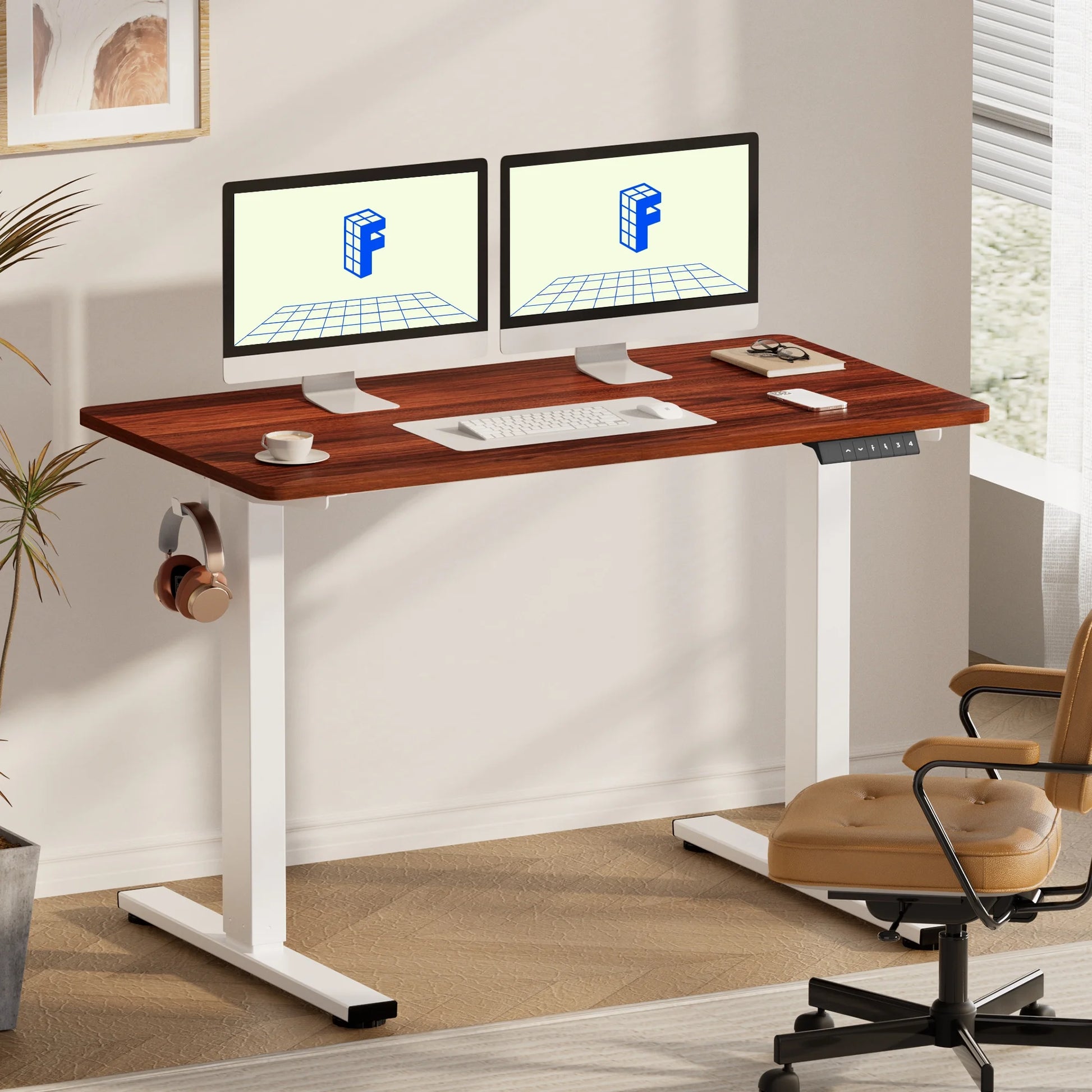55" X 28" Home Office Electric Height Adjustable Standing Desk Memory Programmable Presets Computer Desk White and Mahogany
