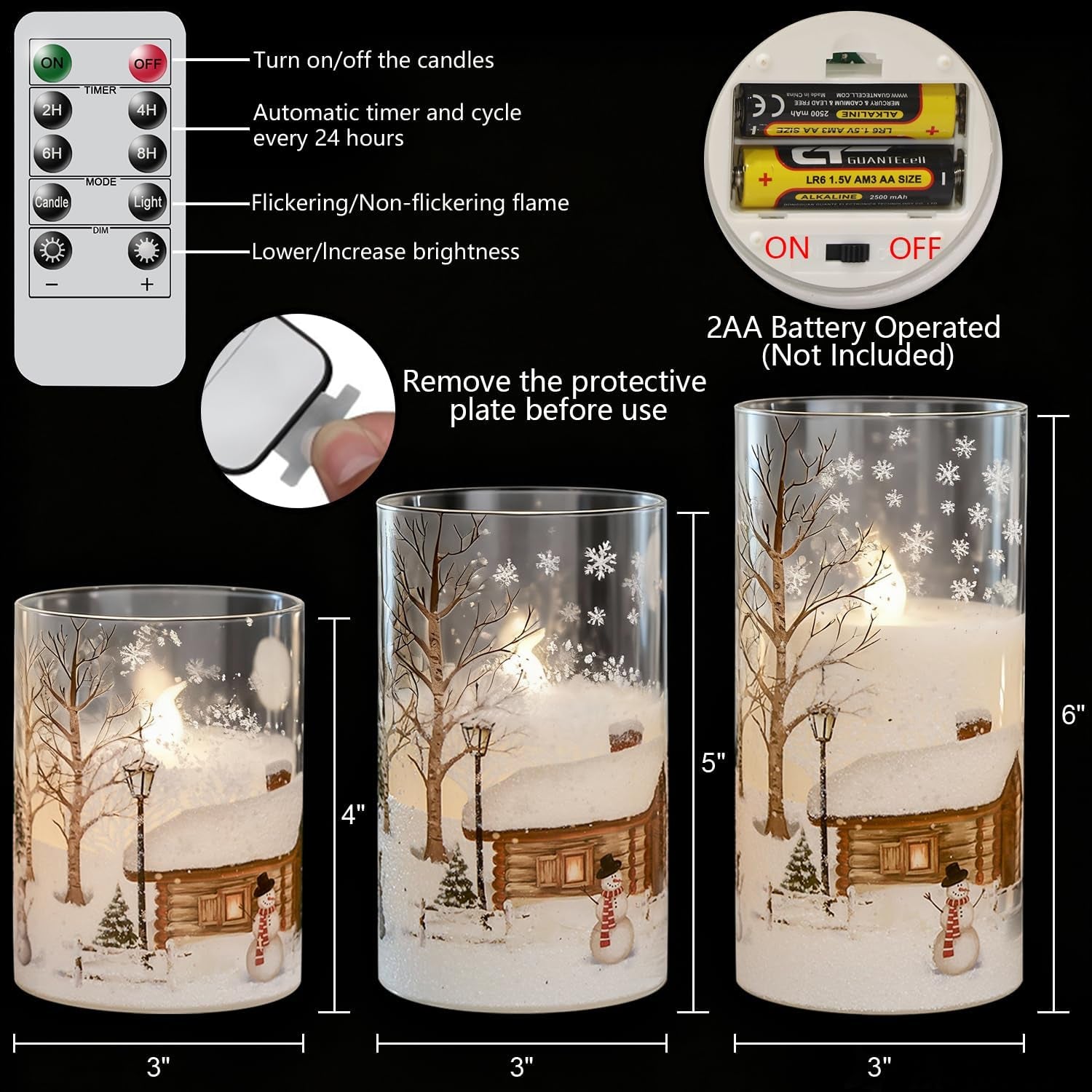Snowman Glass Flameless Candles Battery Operated with Remote and Timer Real Wax LED Flickering Pillar Candles White Cold Light Window Christmas Holiday Decor D3 X 4",5",6"