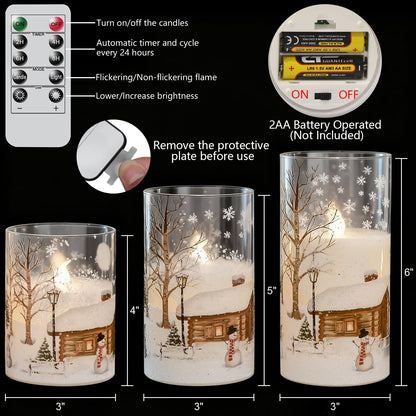 Snowman Glass Flameless Candles Battery Operated with Remote and Timer Real Wax LED Flickering Pillar Candles White Cold Light Window Christmas Holiday Decor D3 X 4",5",6"