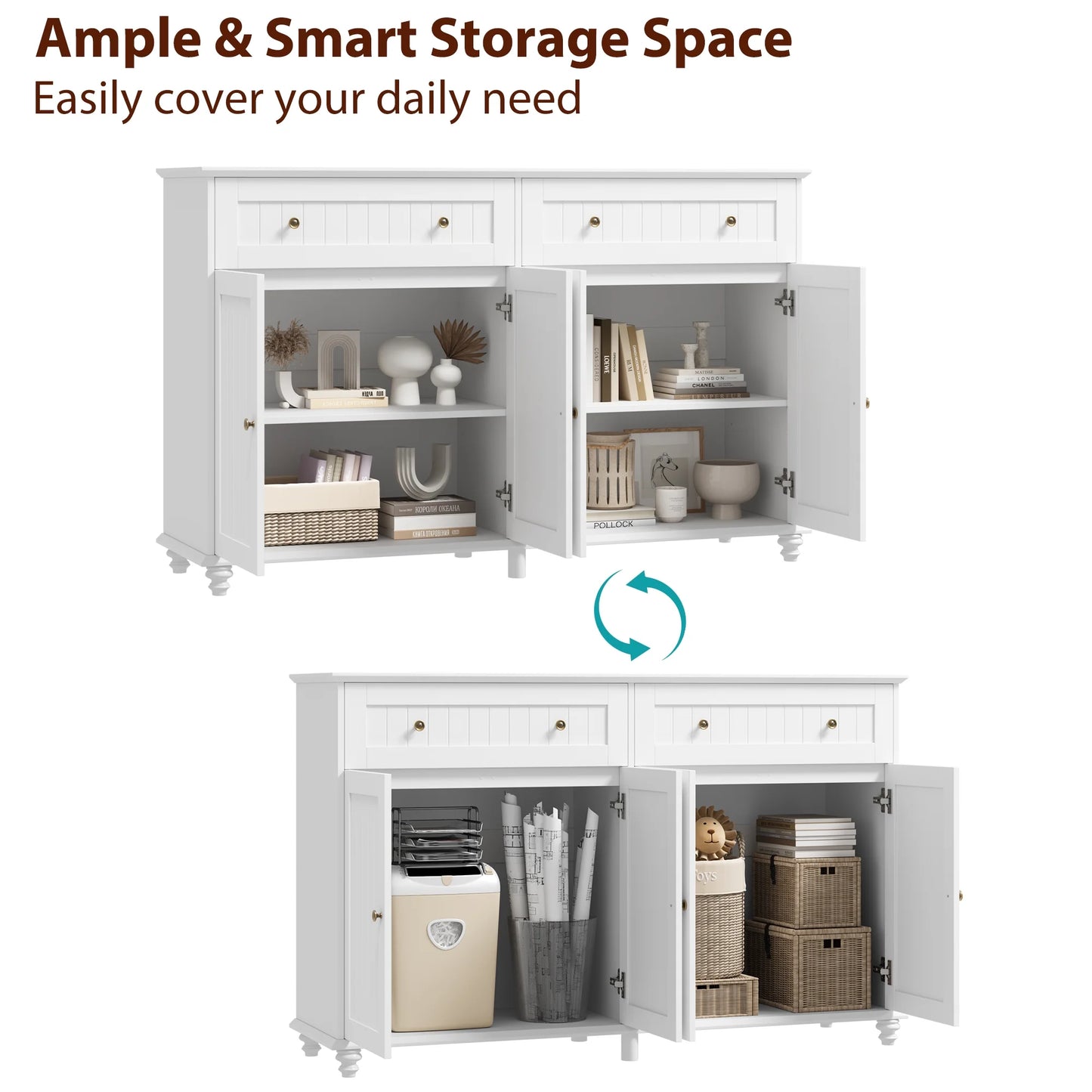 55.1"W Kitchen White Buffet Cabinet with Storage Drawer & Adjustable Shelf, Wood Coffee Bar Cabinet Sideboard for Dining Room