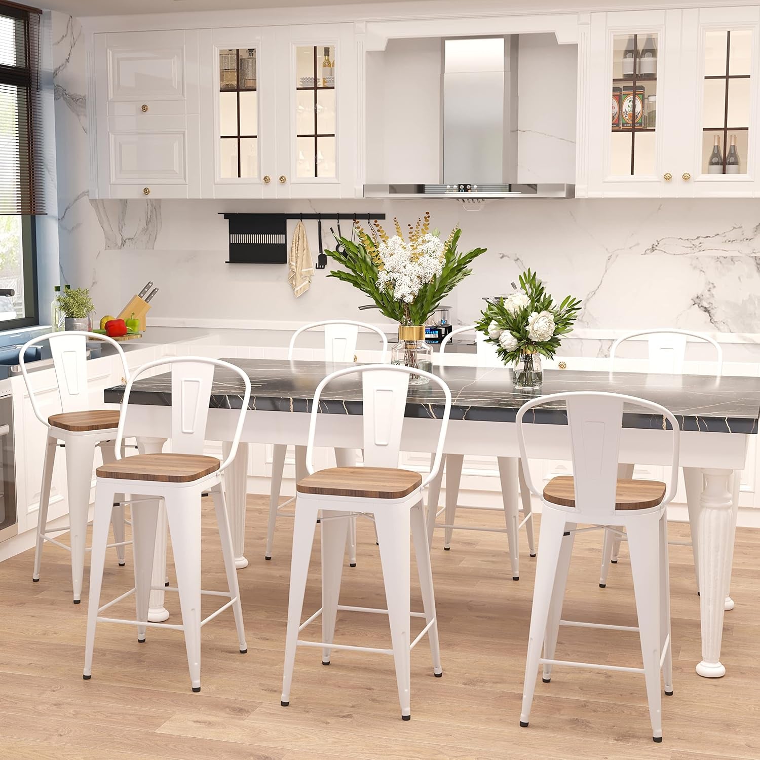 Metal Bar Stools Set of 4,24 Inch Barstools Counter Height Bar Stool with Back Farmhouse Bar Stools with Larger Seat High Back Kitchen Dining Chairs Modern Bar Chairs White Cream Stool