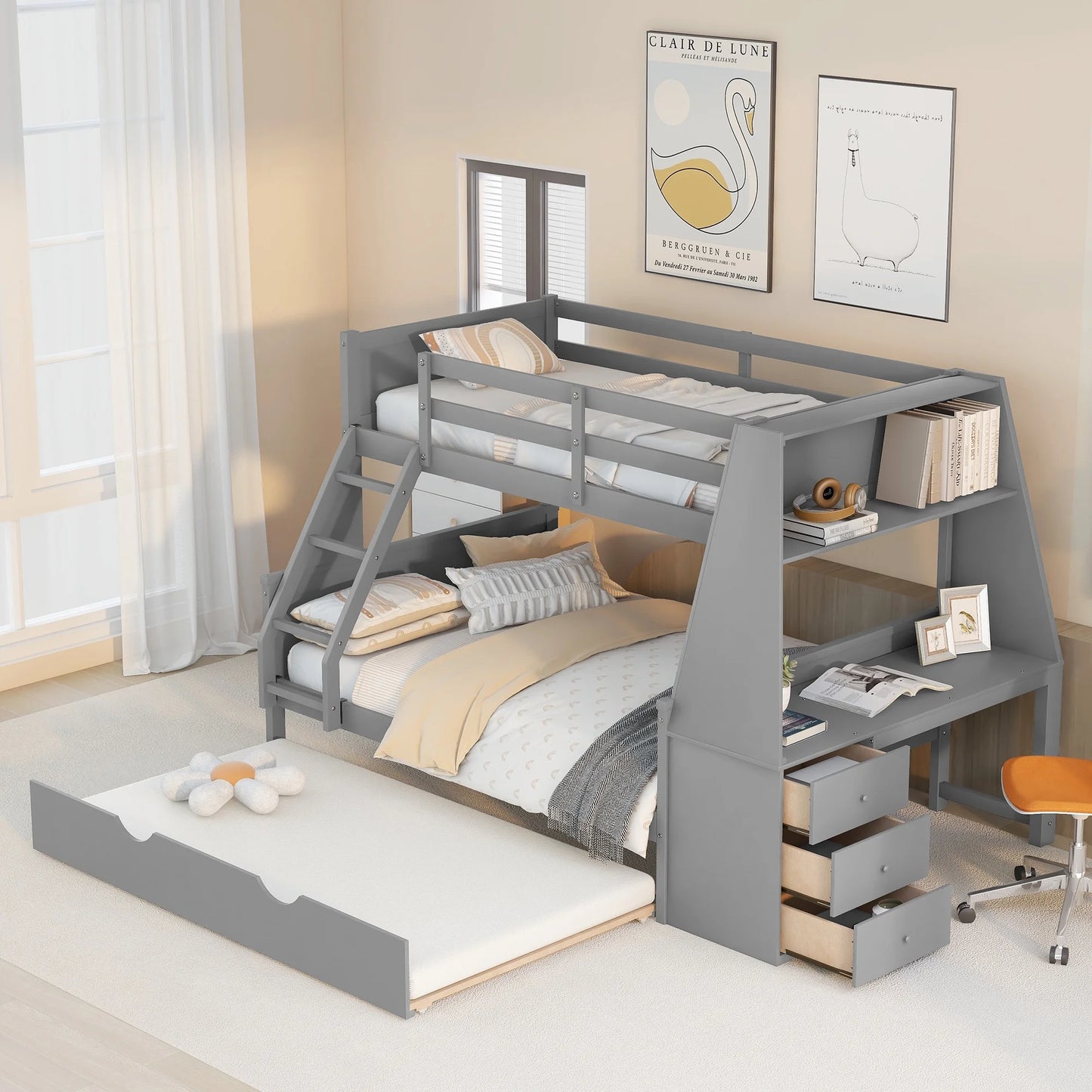 Wood Twin over Full Bunk Bed with Twin Trundle, Built-In Desk with Shelf and 3 Drawers for Kids Teens Adults, 3-In-1 Beds, Gray