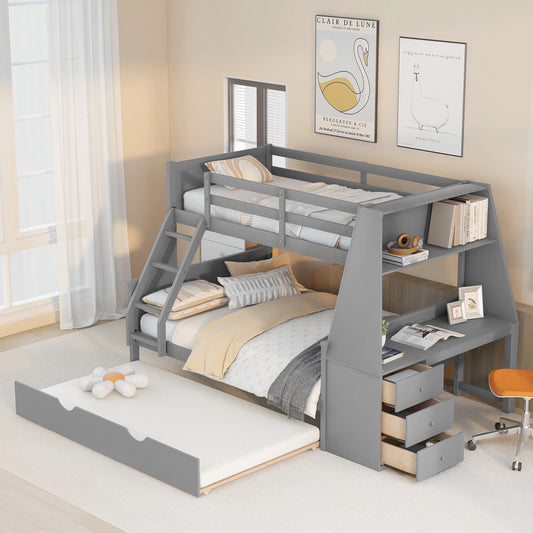 Wood Twin over Full Bunk Bed with Twin Trundle, Built-In Desk with Shelf and 3 Drawers for Kids Teens Adults, 3-In-1 Beds, Gray