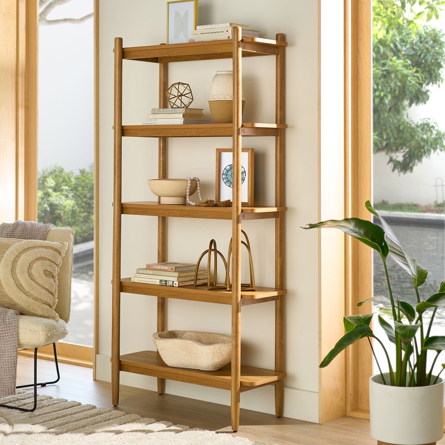 Springwood 5 Shelf Bookcase with Solid Wood Frame, Light Honey Finish