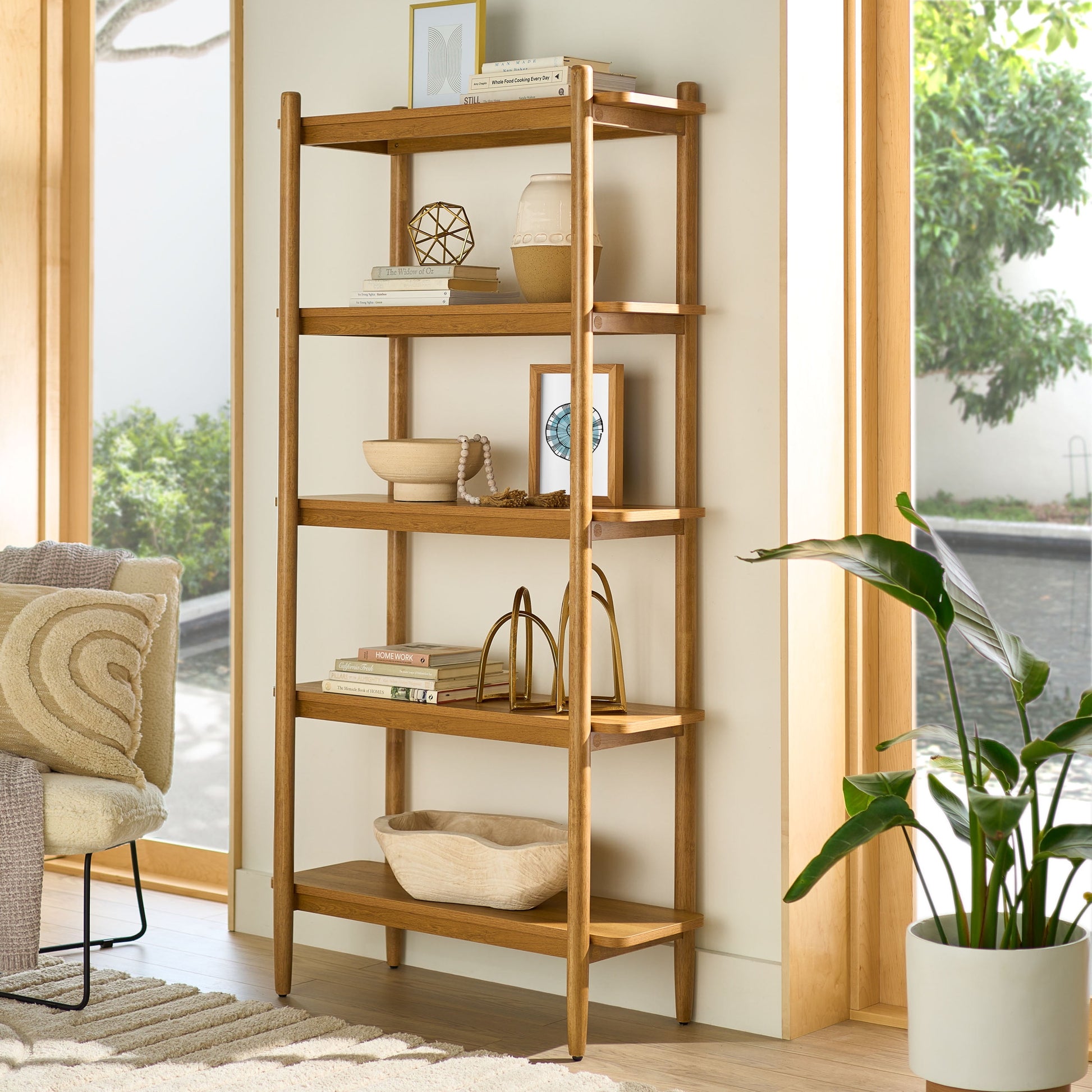 Springwood 5 Shelf Bookcase with Solid Wood Frame, Light Honey Finish