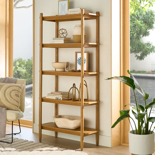 Springwood 5 Shelf Bookcase with Solid Wood Frame, Light Honey Finish