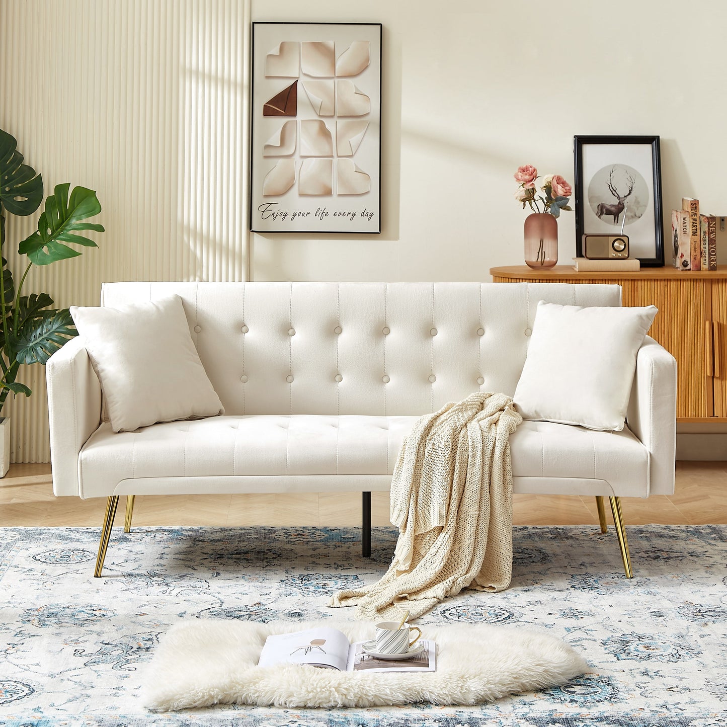 Modern Velvet Futon Sofa Bed,Convertible Sleeper Sofa Couch with 3 Adjustable Couch Loveseat with Metal Leg for Living Room and Bedroom,Beige