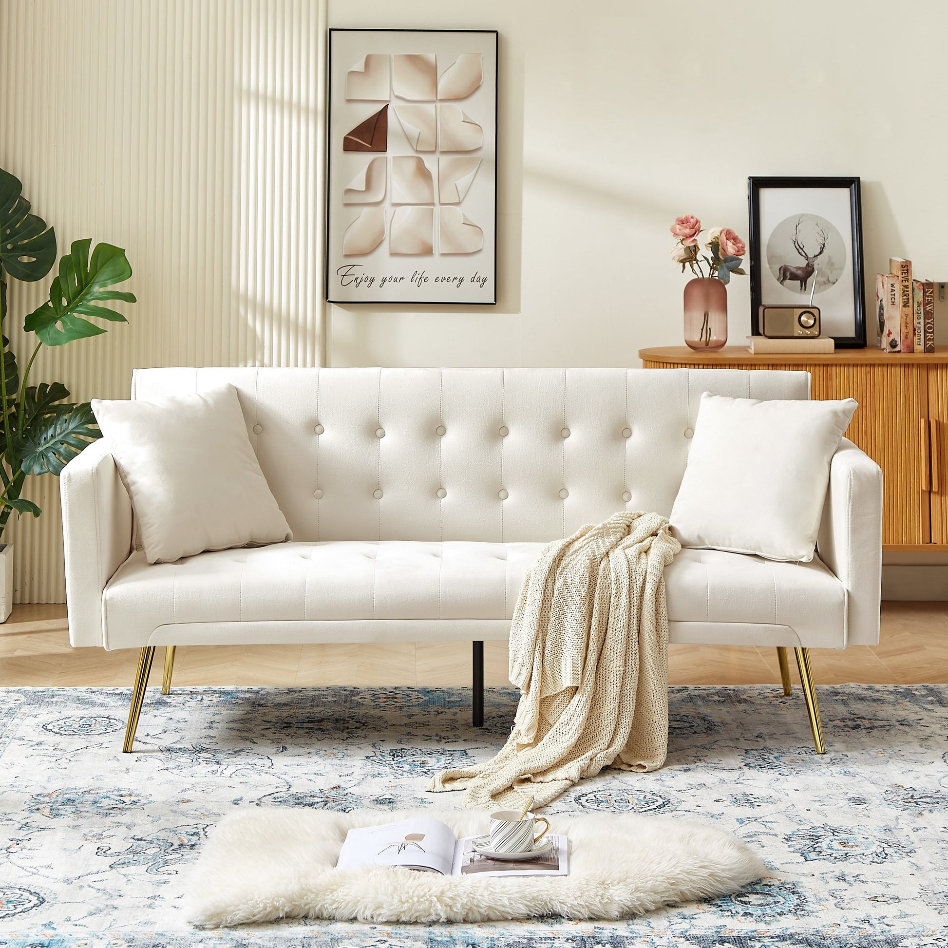 Modern Velvet Futon Sofa Bed,Convertible Sleeper Sofa Couch with 3 Adjustable Couch Loveseat with Metal Leg for Living Room and Bedroom,Beige