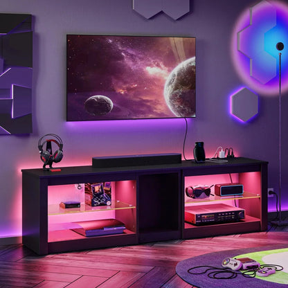 TV Stand for Tvs up to 70" with LED Light, Entertainment Center for PS5 with Shelves, Wash White