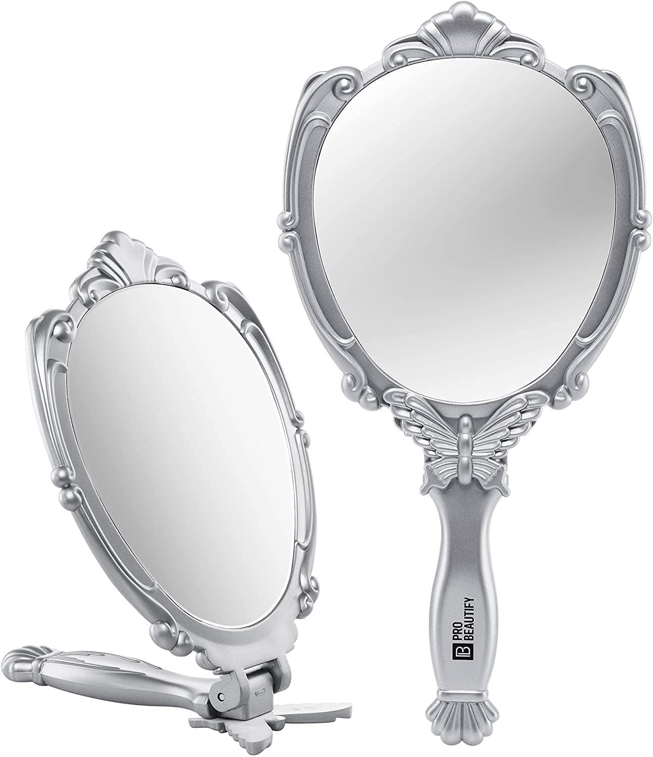 Decorative Hand Held Butterfly Design Mirror | 180 Degrees Full Folding Portable Travel Makeup Mirror (Silver)