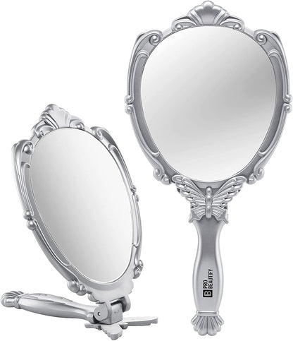 Decorative Hand Held Butterfly Design Mirror | 180 Degrees Full Folding Portable Travel Makeup Mirror (Silver)