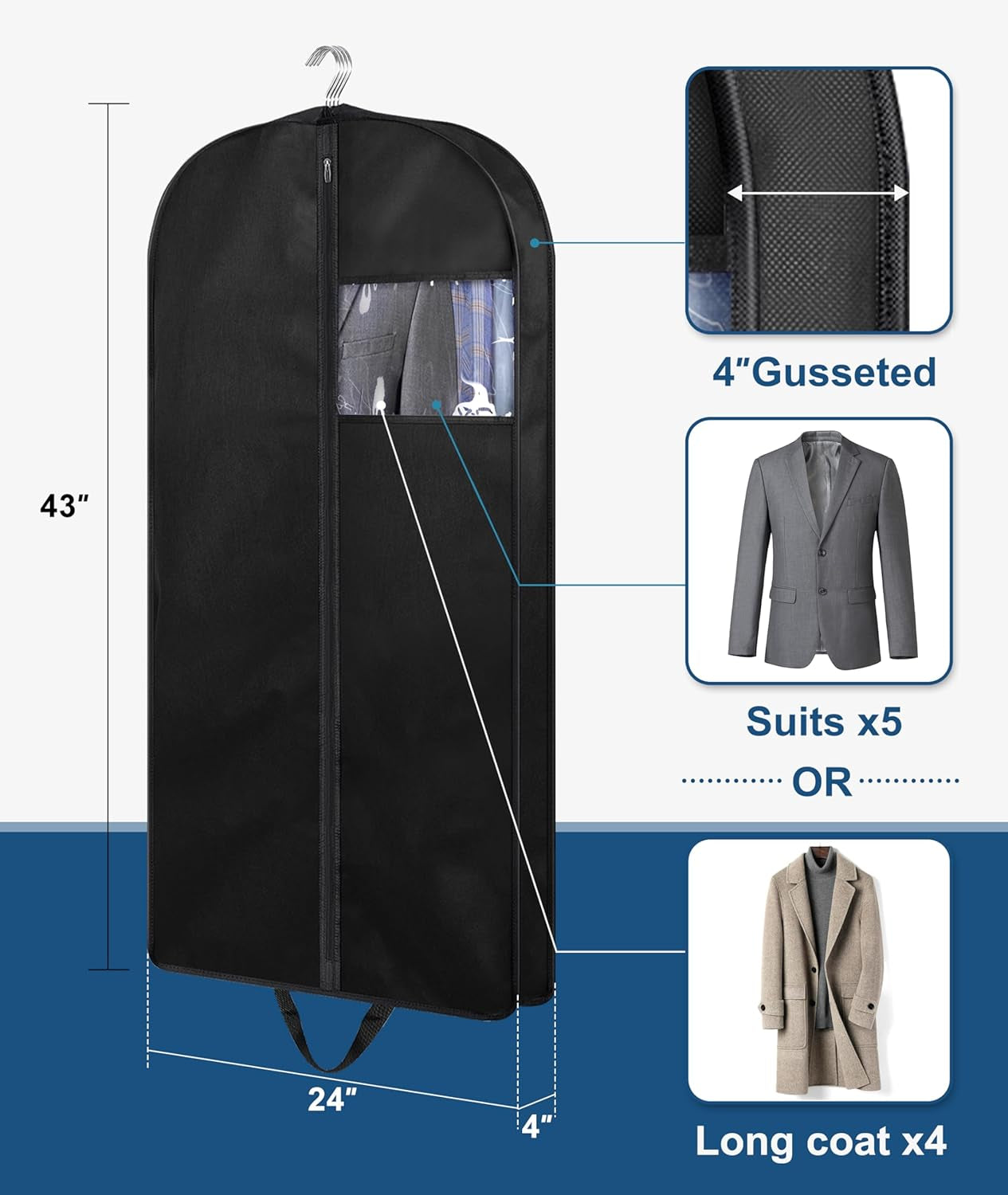 43" Suit Bags for Closet Storage and Travel, Gusseted Hanging Garment Bags for Men Suit Cover with Handles for Clothes, Coats, Jackets, Shirts（3 Packs）