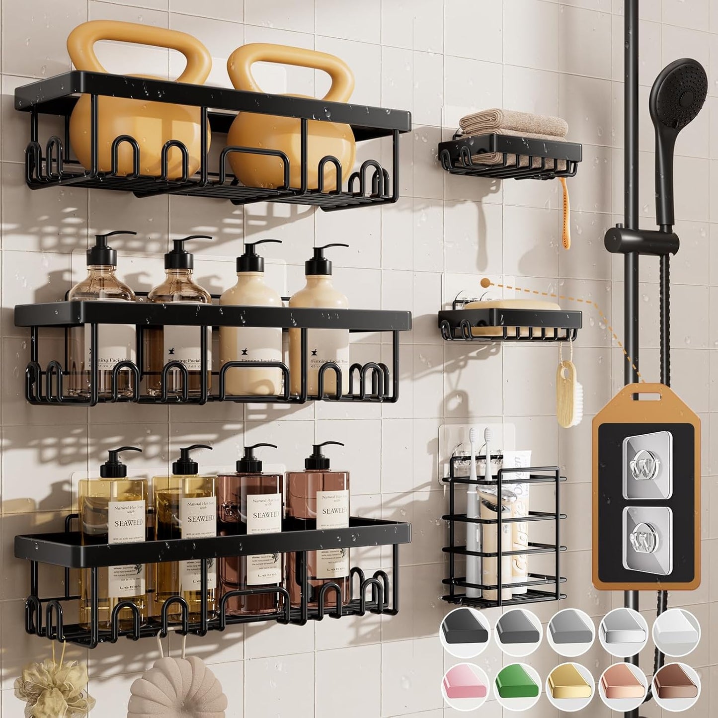 Shower Caddy 6-Pack, Advanced Rustproof Design, No Drilling Adhesive Shelves, Rack with Soap Holder, Large Capacity Bathroom Organizers and Storage, Wall-Mounted, Gifts for Women Mom