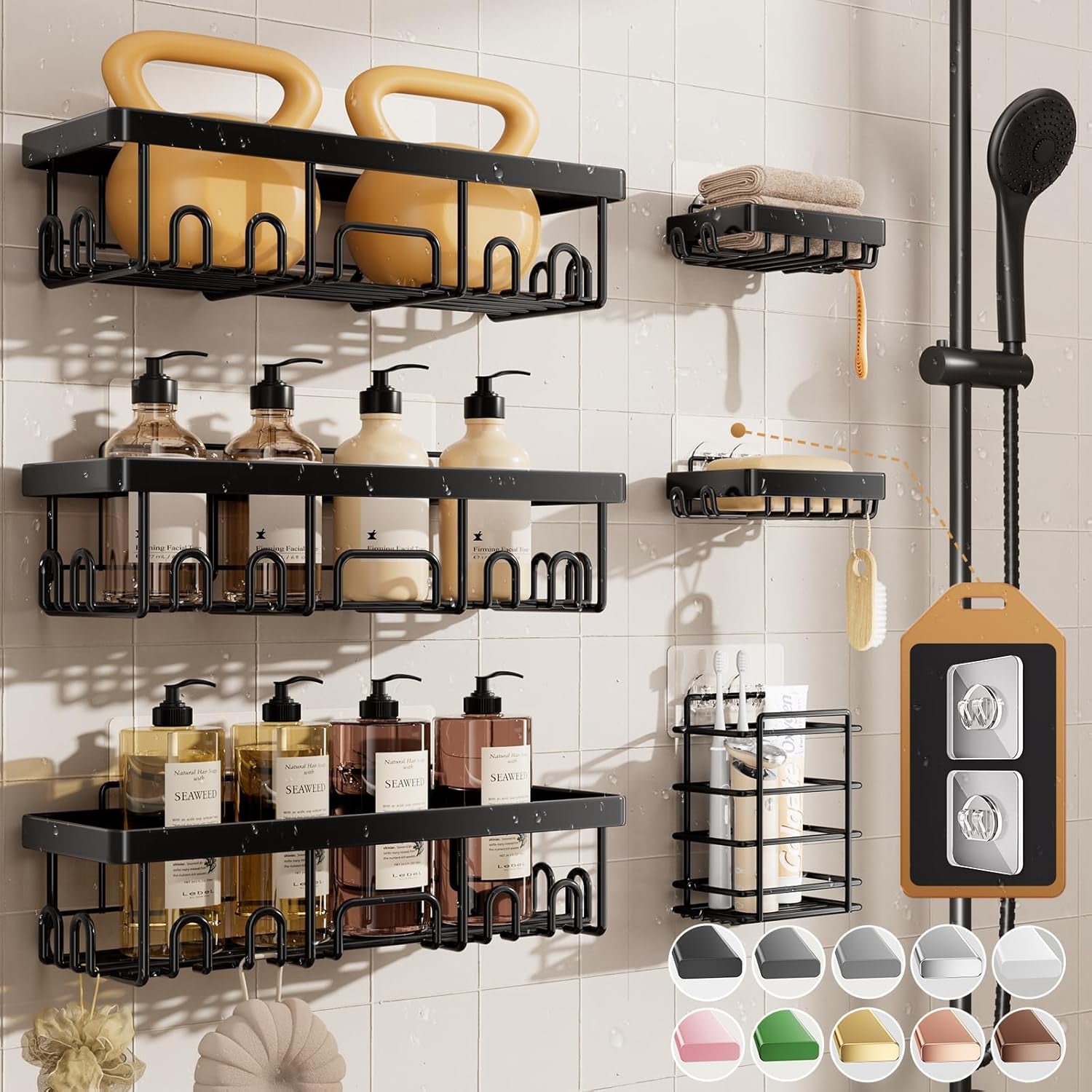 Shower Caddy 6-Pack, Advanced Rustproof Design, No Drilling Adhesive Shelves, Rack with Soap Holder, Large Capacity Bathroom Organizers and Storage, Wall-Mounted, Gifts for Women Mom