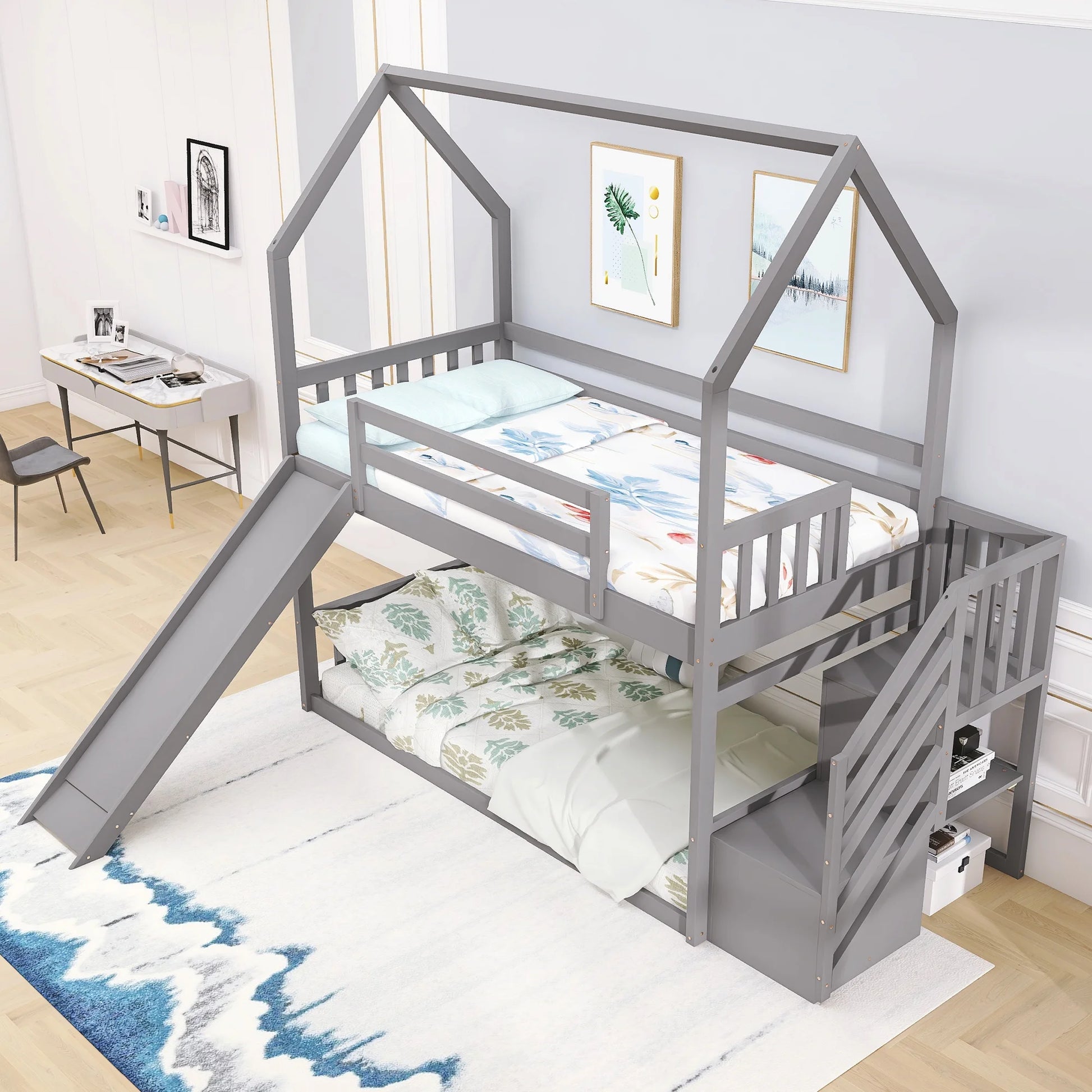 Twin House Bunk Bed with Staircase for Kids Teens Bedroom, Solid Wood Bunk Bed with Storage, Gray