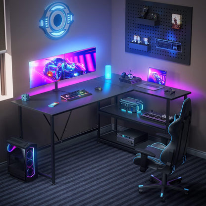 51 Inch L Shaped Gaming Desk Small Reversible Corner Gaming Computer Desk with Storage Shelves for Home Office PC Workstation Laptop Table, Black