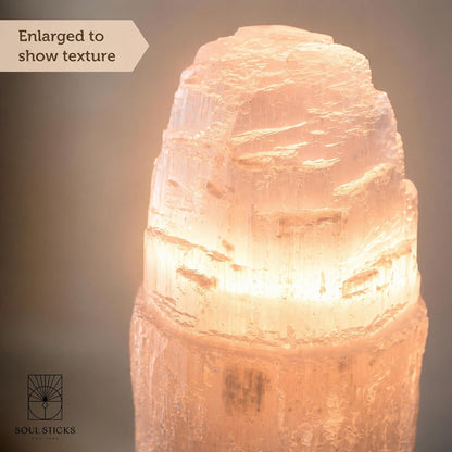 Selenite Crystal Lamp Natural and Made in Morocco | Includes Bulb and Cord with Dimmer Switch | Iceberg Tower Available in 3 Sizes (8 Inch) (6 Inch)