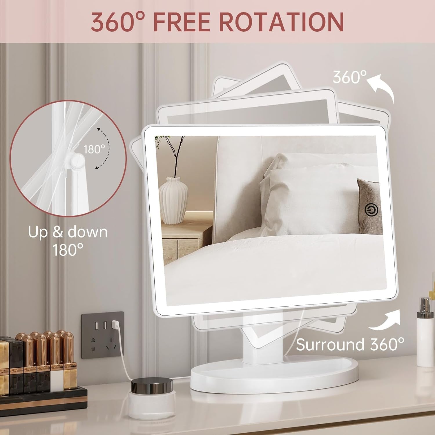 Large Lighted Vanity Makeup Mirror with 88 LED, 360 Rotation Touch Screen, 10X Magnification Portable Tabletop Cosmetic Make up Mirror