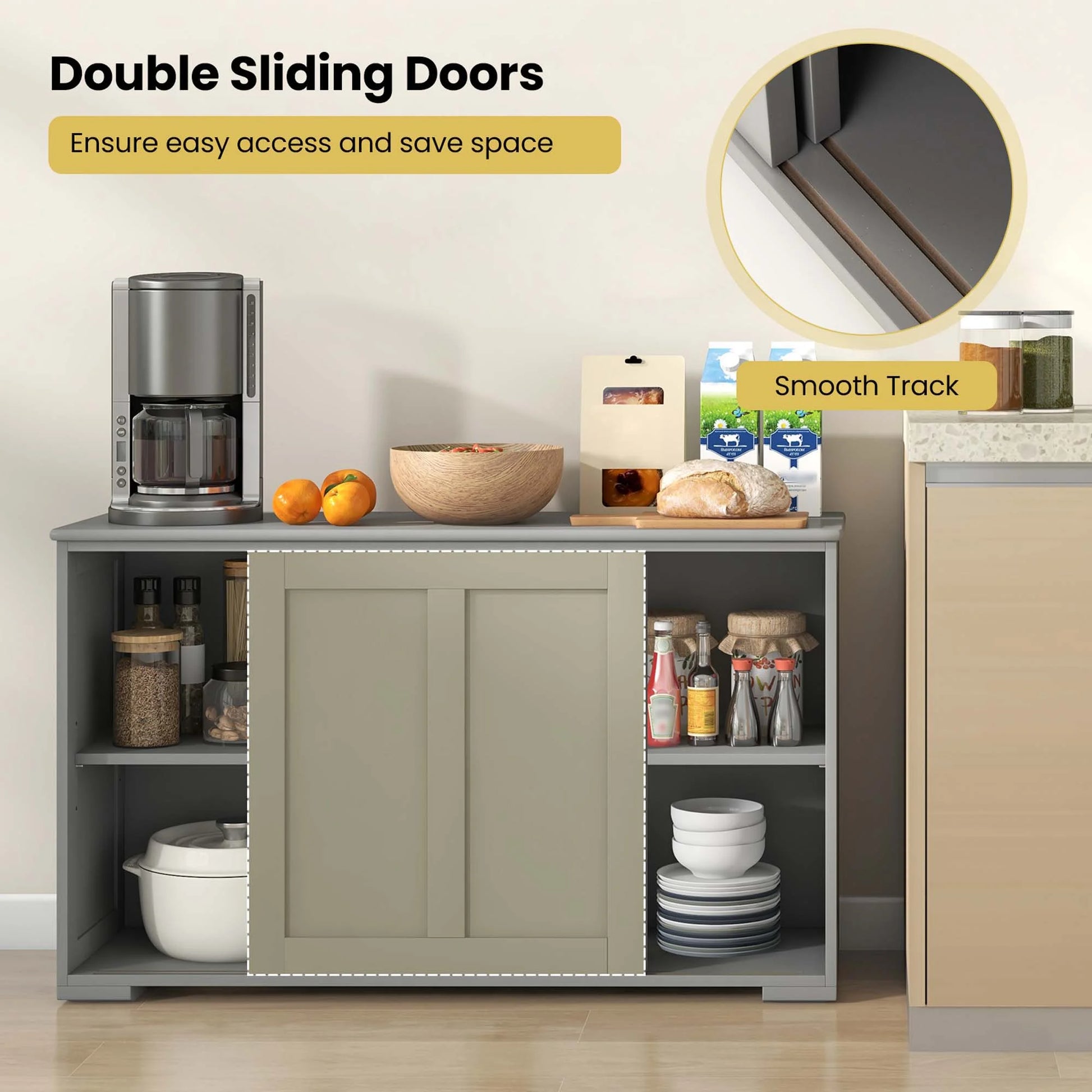 Kitchen Storage Cabinet Sideboard Buffet Cupboard Wood Sliding Door Pantry Gray